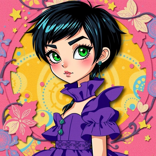 Short black hair. Jade green eyes. Purple fancy dress. 13 years old. Tomboyish. 