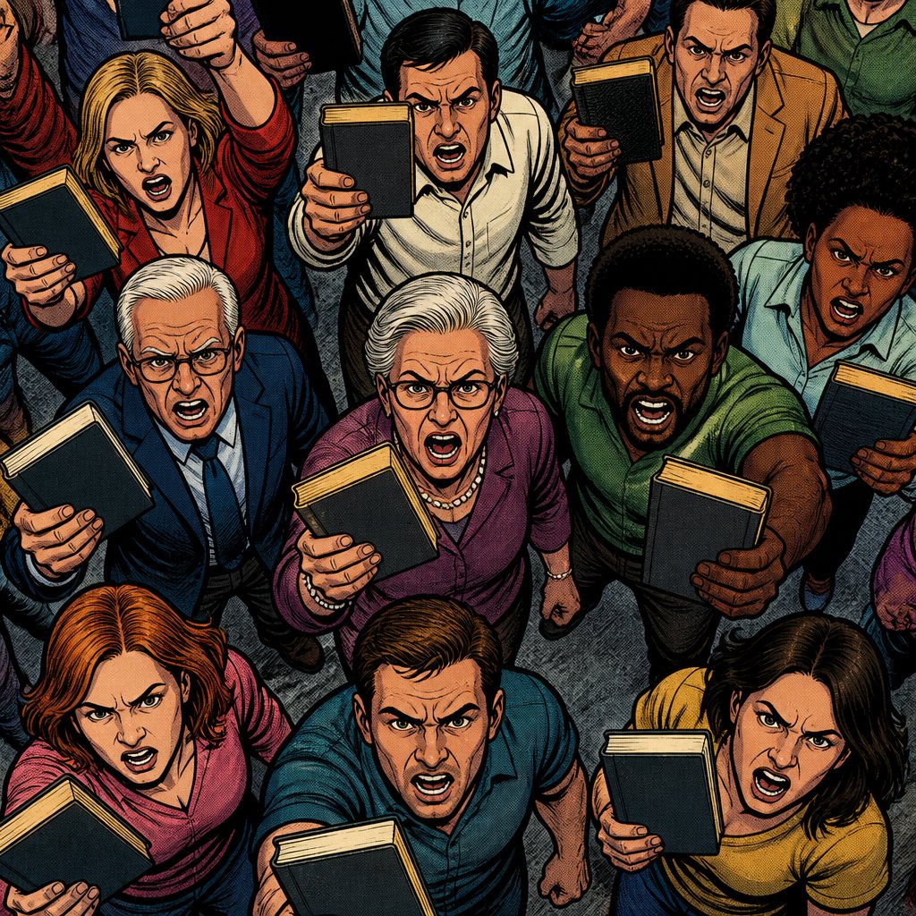 No speech bubbles, no caricature, realistic a group of angry young and old men and women holding a book in their hands are angrily shouting at someone we can’t see drones iview from just behind the people shouting