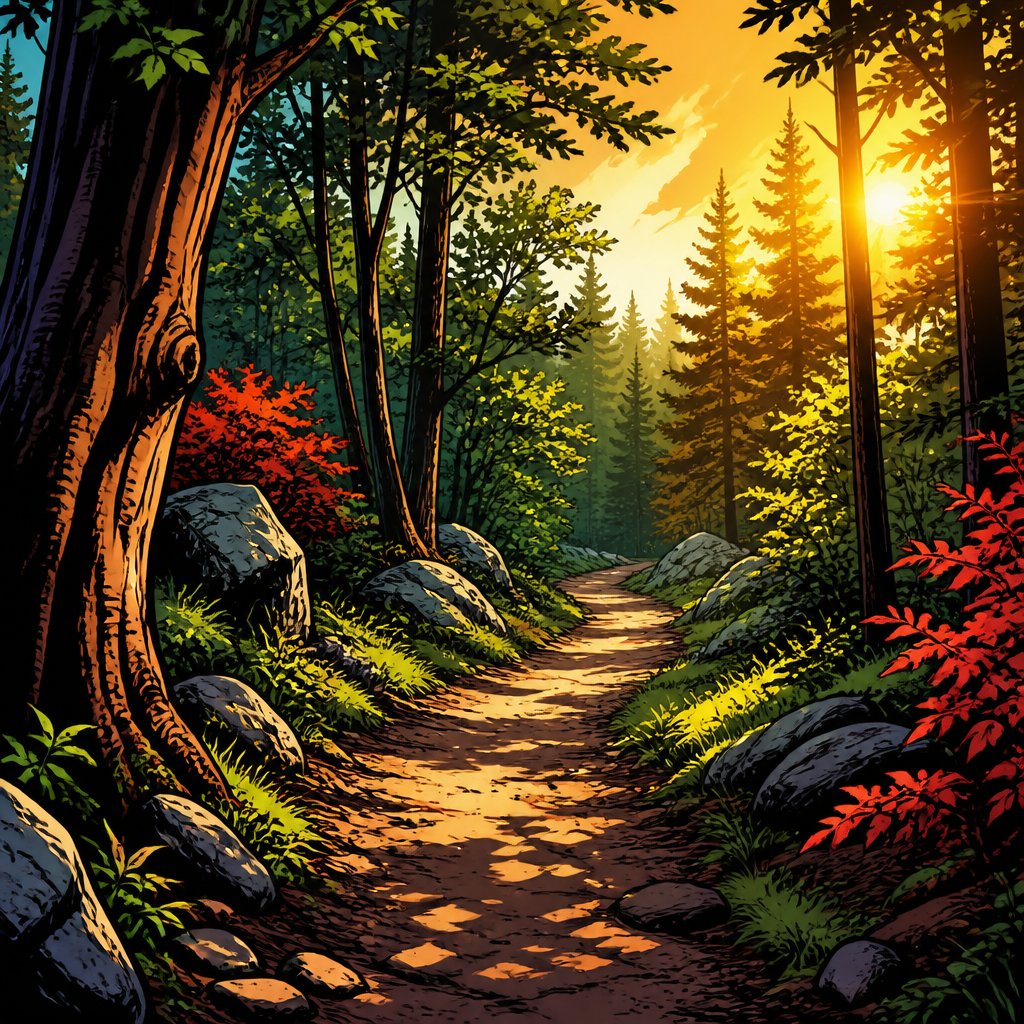 A pathway in a forest no speech bubbles no people intense colours no print dots