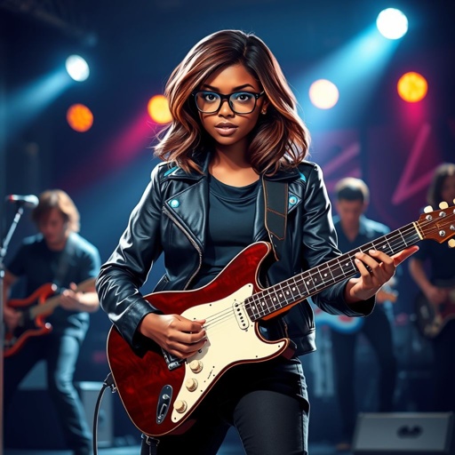 A teenage darker skinned African American woman with glasses shoulder length brown hair with highlights in a side part style wearing black leather jacket with blue accents black jeans a dark blue shirt on a stage playing a Flying V electric guitar with a band