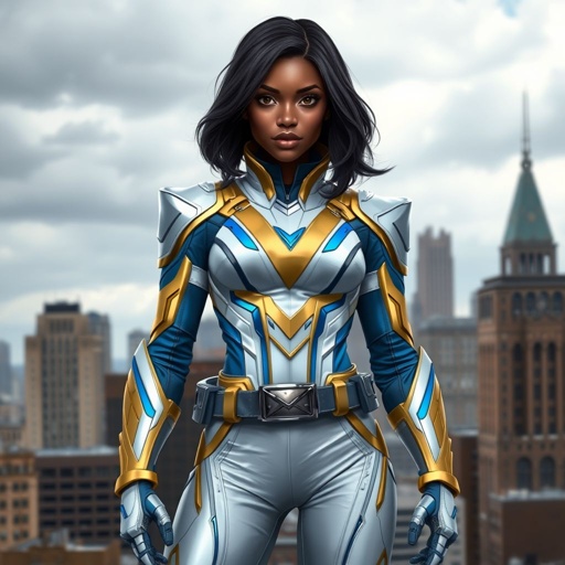 A teenage African American female superhero with hair in a shoulder length side part style wearing a partially armored white and Gold suit with blue accents and a stylized V as her chest emblem a utility belt and silver boots standing in Philadelphia during a cloudy day