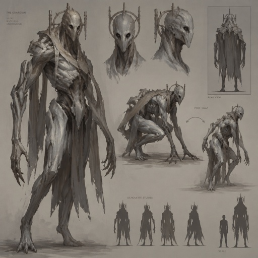 position swapping grey scary guardian humanoid creature