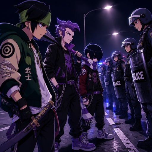 Kenji, Mortis and Edgar from brawl stars wearing modern clothes, stand-off with the police