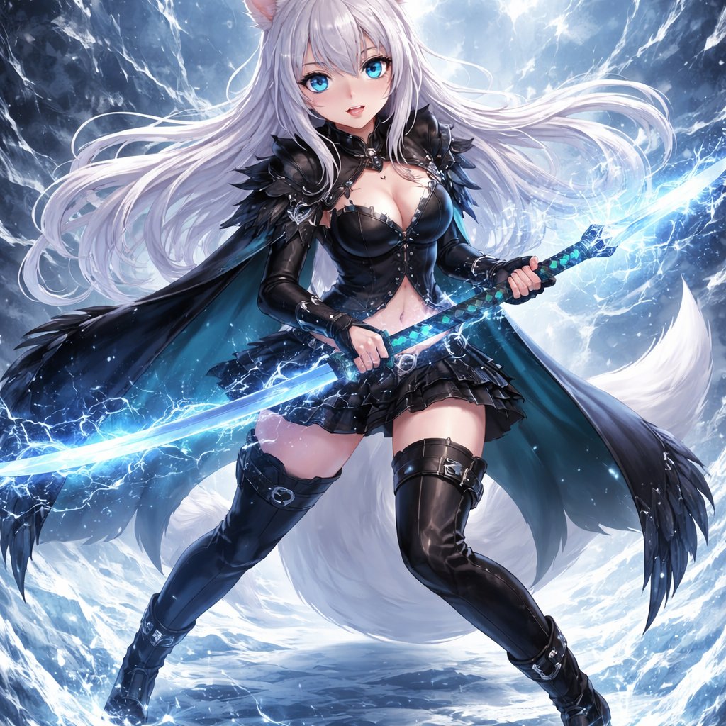 Fully body view anime-style young woman long white hair with small breasts with fox ears and tail. Gothic black and teal leather clothes aqua eyes she holds a katana with an ice aura background is that the floor is icy where she stands splash art