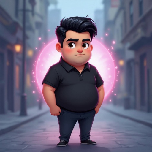 mężczyzna o  czarnych włosach, ulizanych i przyklepanych na jeden bok. ciemne oczy, lekko przymrużone. Wąskie wargi ust z mocniej zarysowaną górną wargą. Pulchny. twarz okrągła. Pyzaty. Ubrany w czarną koszulkę polo. tło różowe. 