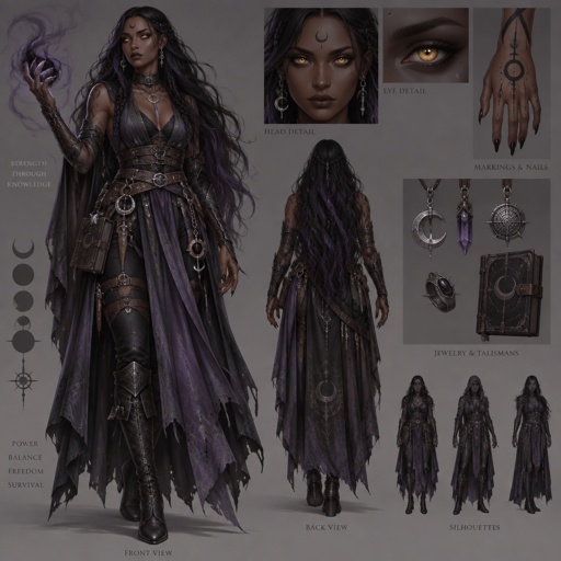 Dark fantasy female sorceress, deep brown skin, very long black hair with subtle violet highlights, glowing golden eyes, crescent moon magical mark on forehead, black magical markings on arms, long pointed nails, elegant practical fantasy clothing in black, muted purple and dark silver, layered fabrics, leather details, mystical jewelry, powerful and mysterious expression, warrior-sorceress, full body character concept art, detailed fantasy illustration