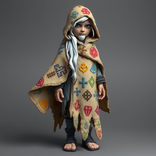 Create old aged character: The Silver-Eyed Wanderer – A tall, long beard hooded androgynous figure with hair that white. piercing silver eyes seem to see both past and present at once. a long, tattered cloak covered in stitched symbols from lands unknown. Show her whole body head to toe including her shoes.