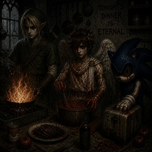 Super smash brothers link from legend of Zelda, pit from kid Icarus, and sonic the hedgehog as a human, in the kitchen trying to make dinner, link accidentally caught the pan on fire, pit spilled tomato sauce on himself and sonic got his had stuck in the toaster