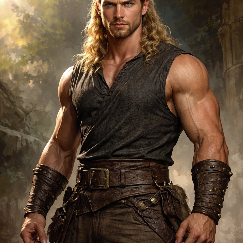 A tall well~proportioned male, so handsome he looks like a Greek god with muscles. With deep-set blue eyes and strong brows, hinting at inner depth“. His hairstyle is a blonde mullet. He works at freak show as a strong man. His outfit consistsed of a Charcoal-toned sleeveless tunic, thick leather belt, leather wristbands/cuffs, brown pants.