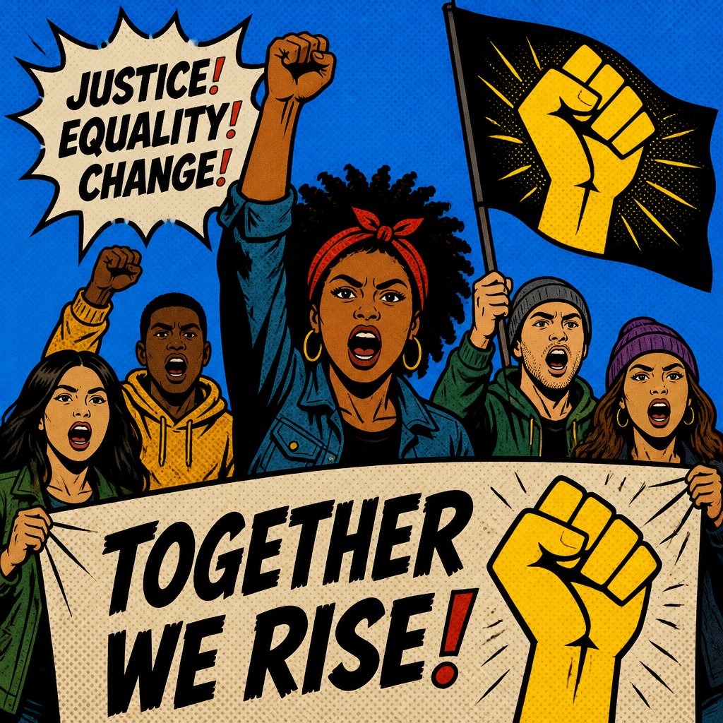 A banner and a flag the background of each is blue and the yellow raised fist is on each of them