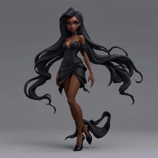 Create character hero Veyra of Shadows – A lithe, mysterious brown complexion woman draped in layered black silks that move like smoke around her. With jet-black hair. Show her whole body head to toe including her shoes.