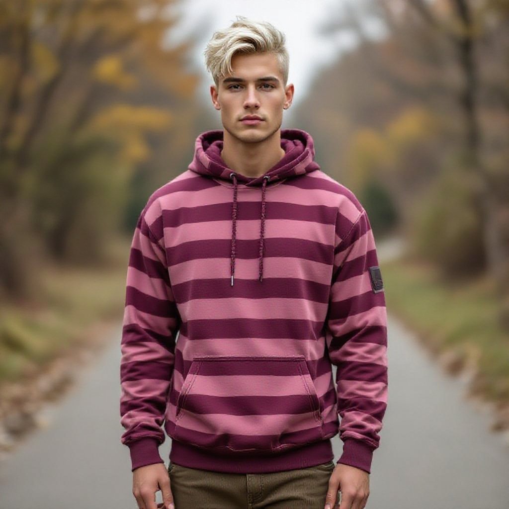 A 19 Year Old Man in Skinny corduroy. Pink and Maroon Striped Tactical Hoodie with Platinum Blonde Hair and an Undercut. Tan Hiking Shoes. In an Outdoor Walking Path. 