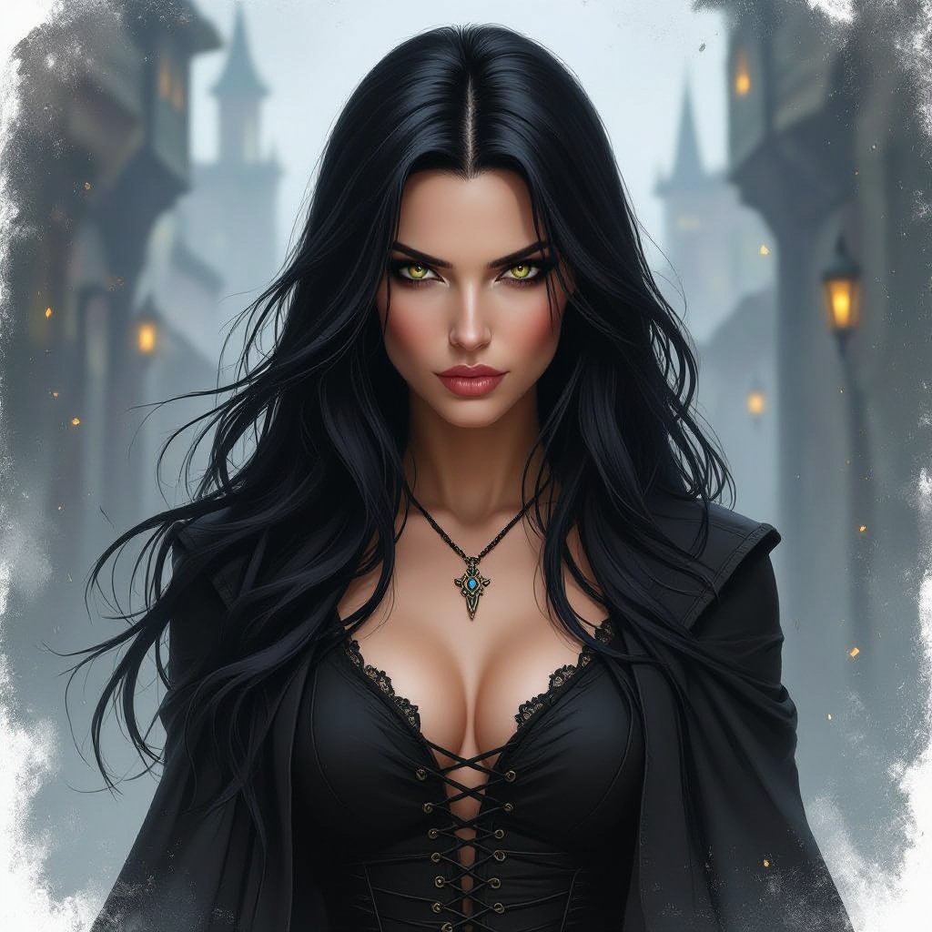 Show character head to toe. Create a mid age fantasy woman jet-black hair is cut sharpand her eyes seem to pierce through darkness. A shadowy aura clings to her form,