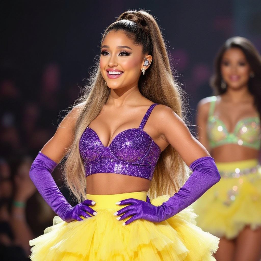 Ariana Grande in a purple and yellow stage outfit 