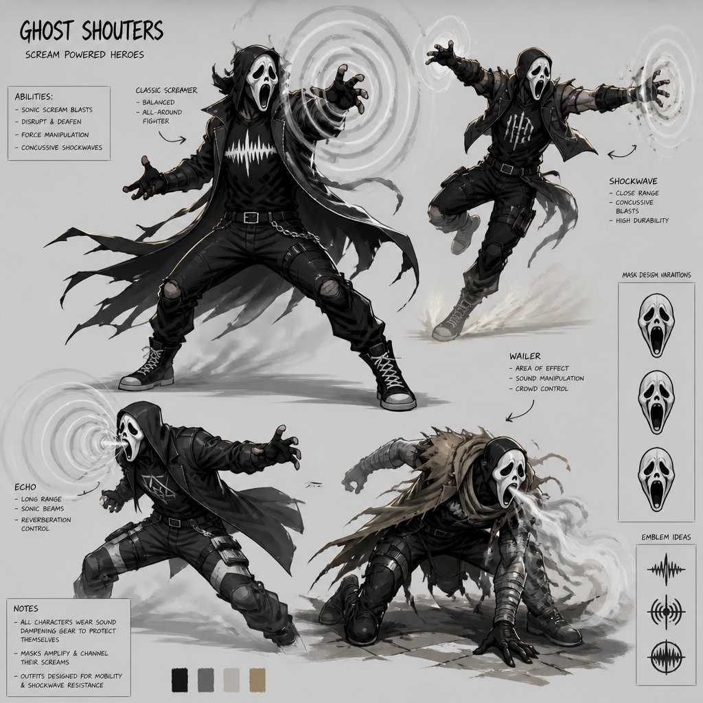 Male superhero with scream powers, mask looks like the the ghost face mask, multiple of the same character