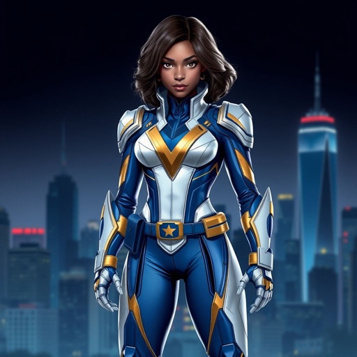 A teenage African American female superhero wearing a domino style mask with slightly curly hair in a shoulder length side part style wearing a armored White and blue suit with gold accents blue pants and a stylized V as her chest emblem a utility belt and blue boot heel less standing in Philadelphia