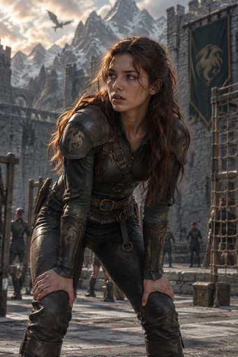 A cinematic realistic fantasy action photograph of a 21-year-old female dragon-rider cadet during physical training at an ancient mountain academy.

She has long, naturally wavy deep mahogany-brown hair with subtle copper-red undertones, hazel green-brown eyes, light-medium olive skin and a small beauty mark beneath her left eye.

She wears a tightly fitted practical dragon-rider uniform constructed from black and deep forest-green leather, resembling lightweight functional leather armor. The uniform includes reinforced shoulders, fitted sleeves, articulated leather panels, protective forearm pieces, fitted riding trousers, a utility belt and worn leather boots. Antique-brass buckles and subtle dragon insignia add small details. The armor should look practical and flexible, not bulky.

She has just finished a difficult physical drill and is visibly pushing herself. Her breathing is slightly heavy, a few loose strands of hair have fallen across her face, and there is a faint sheen of exertion on her skin. She looks frustrated but determined, refusing to quit.

She stands in a rugged stone training courtyard surrounded by enormous fortress walls, wooden training structures, climbing ropes and distant mountain peaks.

Other cadets are blurred far in the background.

A dragon can be barely visible high above the academy, flying through the mountain sky.

Late afternoon light, dramatic clouds, warm highlights against cool stone, deep forest green and charcoal palette, antique-gold accents.

Grounded medieval fantasy, realistic athletic movement, natural anatomy, realistic leather and stone textures, prestige television cinematography, dynamic but believable, photorealistic.
