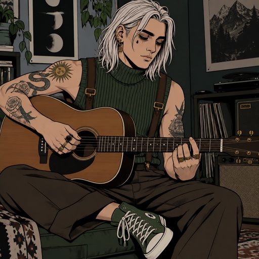 Male, shoulder length straight white hair, grey horizontal lines in hair, under eye mascara, multiple gold ear piercings, tear tattoo under eye, arm tattoos, multiple rings, sleeveless green turtle neck, brown suspenders, green tennis shoes, playing guitar