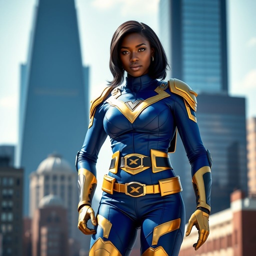 African American female superhero with hair in a shoulder length side part hairstyle with pure Gold Glowing eyes wearing slightly armored royal blue and gold accented suit with royal blue pants and gold knee length boots with a utility belt with a gold V as her chest emblem in Philadelphia