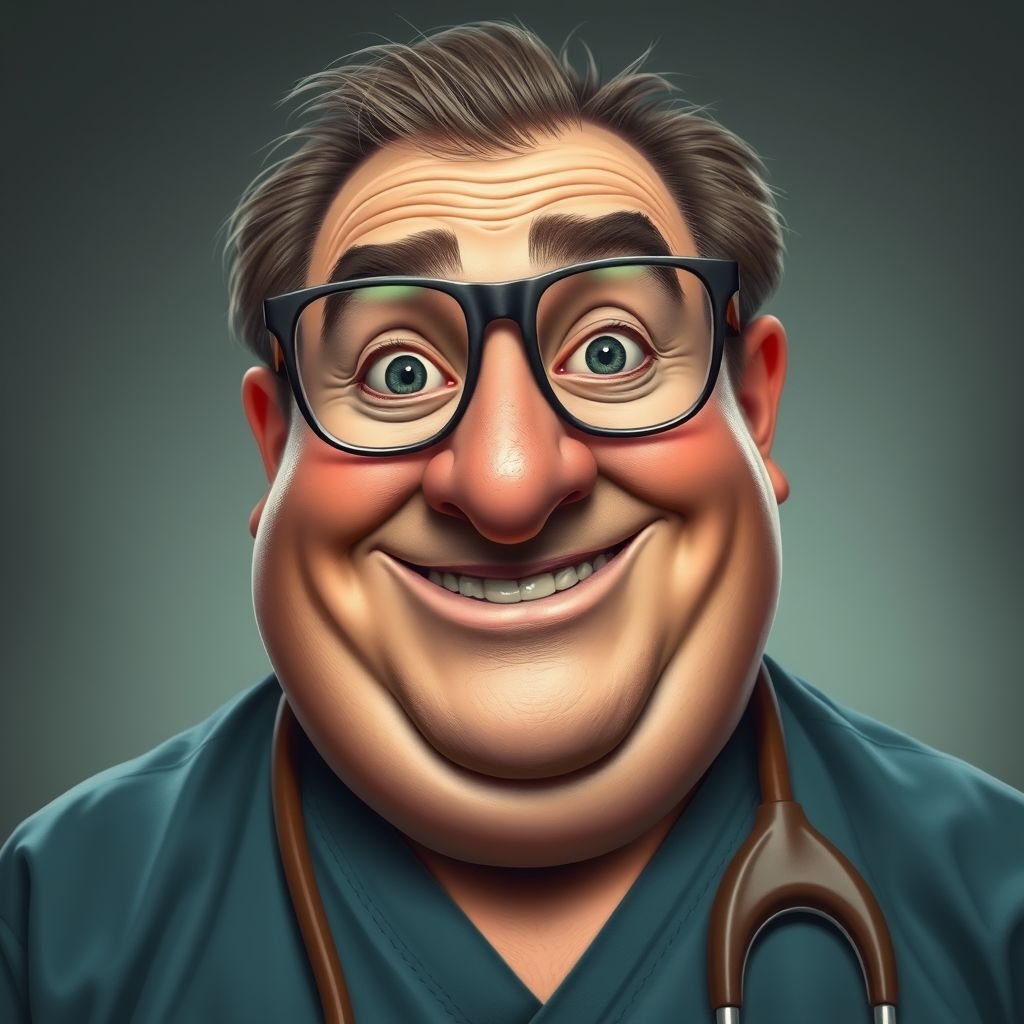 .. create a fat doctor. Who is funny human looking from head to toe. And he always immediately results to surgery for anything even small things. So please be sure to show his whole outfit head to toe. Make him have 1 tooth. Make it more adult humor instead of cartoon humor.