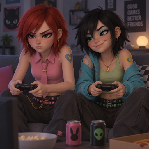 Female, teen, freckles, dark green eyes, hot pink eye shadow, hoop earrings, unhappy , choppy red neck length hair, bangs on one side of face, sleeveless button up pink shirt, pink tie with gold clip, blue heart tattoo with a yellow sun inside on shoulder, baggy pants with gold chain, two belts with dark and light pink triangles, Female, teen, freckles, dark green eyes, cyan ray shadow, ear piercings, smirking, choppy black neck length messy hair, bangs on one side of face, cyan jacket with shoulder holes, light green crop top, yellow heart tattoo with a blue moon inside on shoulder, baggy pants, belt with dark and light green triangles, gold necklace, both playing video game