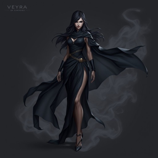 Create character hero Veyra of Shadows – A lithe, mysterious woman draped in layered black silks that move like smoke around her. With jet-black hair. Show her whole body head to toe including her shoes.