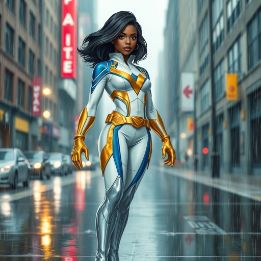 A teenage African American female superhero with hair in a shoulder length side part style wearing a white and Gold suit with blue accents and a stylized V as her chest emblem a utility belt and silver boots standing in Philadelphia during a rain storm