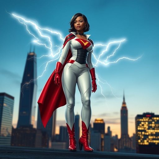 African American female superhero with shoulder length hair in a side part style and wings made of white lightning wearing a slightly homemade white red and black suit with black pants with a stylized V as her chest emblem wearing red flat boots made of gold standing in Philadelphia at dusk