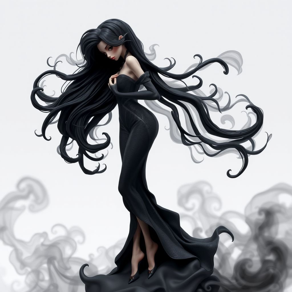 Create character hero Veyra of Shadows – A lithe, mysterious woman draped in layered black silks that move like smoke around her. With jet-black hair. Show her whole body head to toe including her shoes.