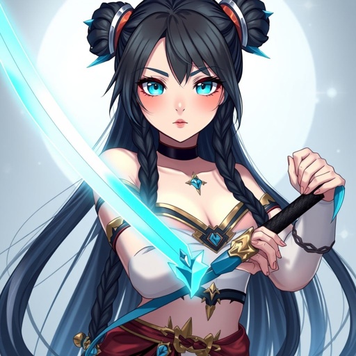 A young female with fair skin and vibrant aqua eyes. Black hair with cyan tips in the form of two braids. Wearing a royal goddess two piece outfit holding a small but legendary sword