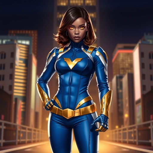 African American female superhero with hair  in a shoulder length side part hairstyle with pure Gold Glowing eyes wearing  slightly armored royal blue white and gold accented suit with royal blue pants and gold knee length boots with a utility belt with a gold V  as her chest emblem in Philadelphia 