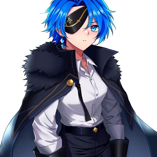 Young Asian man in very early 20’s. Royal blue hair and lighter blue streaks with a lock of hair resting on his left side of his chest. A black eyepatch with gold trim covering his right eye. A periwinkle eye with a diamond-shaped pupil. A half cape with distinctive fur collar, adding a touch of luxury and warmth. His shirt is a white, collared blouse with a noticeable neckline, giving a sense of sophistication and a hint of boldness. Also with dark, form-fitting trousers that emphasise his physique. He also has a blue earring on his left ear, and knee-length boots that complete the ensemble, adding to the overall elegant aesthetic