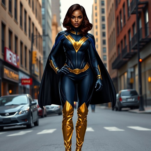 African American female superhero with hair in a shoulder length side part hairstyle with pure Gold Glowing eyes wearing a black blue and gold accented suit with navy blue pants and gold knee length boots with a V with the top half gold and the bottom half black as her chest emblem in Philadelphia