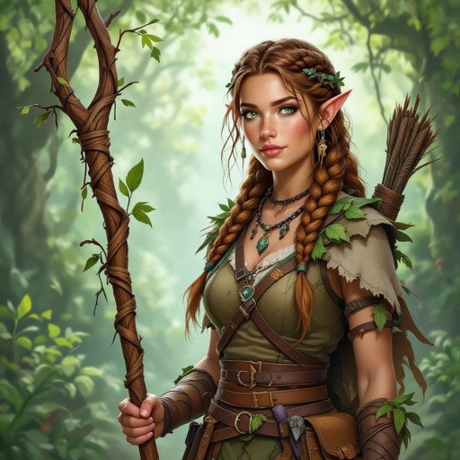 A dungeons and dragons nature druid half elf woman with brown braided hair in one braid, green eyes, tanish freckled skins who’s a positive personality with a dark past in the royal court