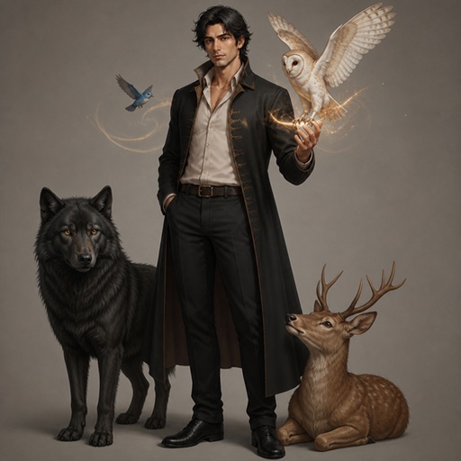 a man standing next to a dog and an owl