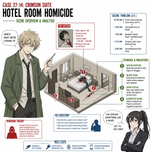 Anime Male great detective takes his job real seriously and is really good at it in his mid 20s with medium really crazy messy light blonde hair, tall thin, tied, strange green eyes wearing a baggy loose mossy green jacket tired face thinking hard about the crime scene and talking to his partner about it, partner looking annoyed at him but also concerned about him but also trying to take this case seriously they are talking about the crime scene and what could have happened and who would do this, crime scene is in hotel room, very gruesome one, no one new the person was even there and was only found out today making it harder to figure it out but the detective won't give up and do whatever he can His past was not great he had red hair and blue eyes before changing his hair and eye colors his family hatted him, he was born with the ability to camouflage and is able to change his colors which is how he got his blond hair and blue eyes