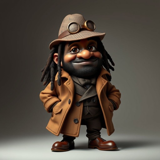 Create a funny serious fat character similar to Sherlock Holmes, but make him of black decent and with dread locks. Show his whole outfit including his shoes.