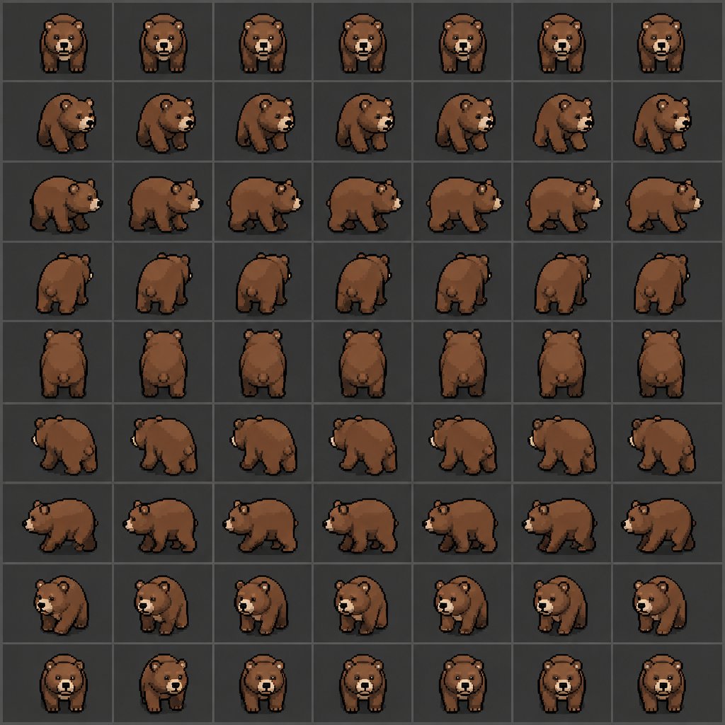 Bear for a fantasy game set in modern times, top-down style, 360, different colors