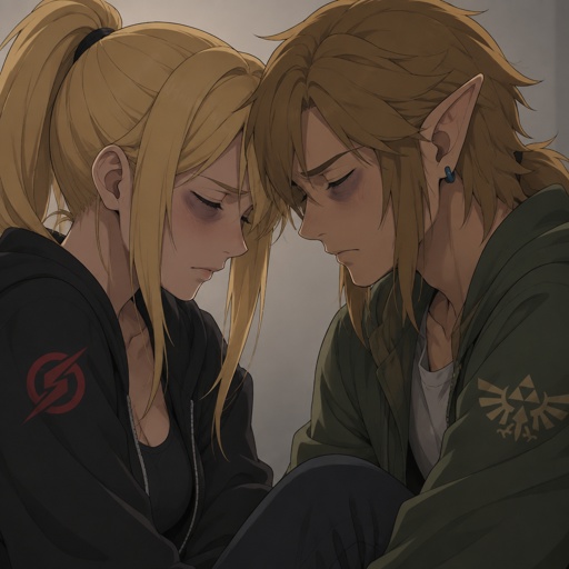 Samus Aran and link from legends of Zelda touching foreheads, both wearing modern clothes, sad,Samus has eye bags, closing there eyes