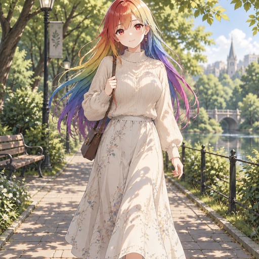 a woman with colorful hair walking down a sidewalk