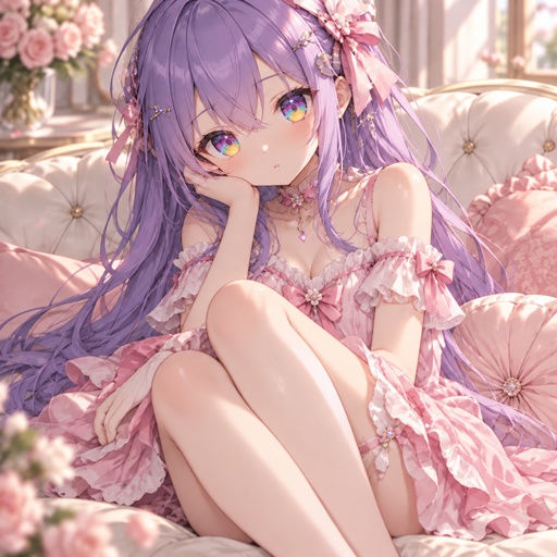 a woman with purple hair sitting on a couch