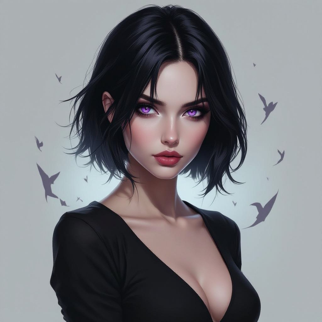 Show her entire body. Create mysterious woman jet-black hair is cut sharp to her jawline, and her violet eyes seem to pierce through darkness. A shadowy aura clings to her form, faint shapes shifting and flickering behind her like whispers of another realm. Show whole body head to toe
