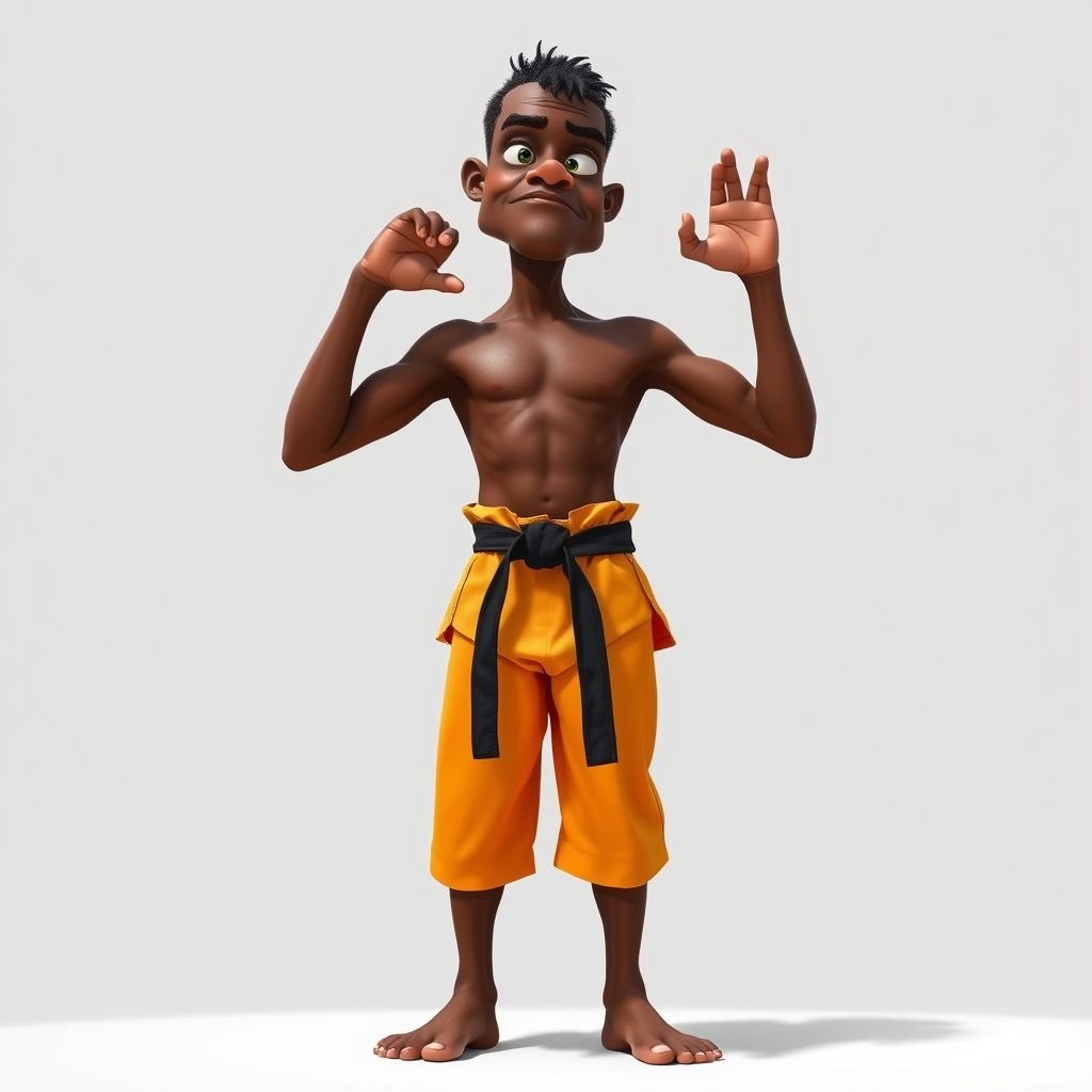 Create a character who looks like a funny African karate guy who doesn’t have a clue what he is doing. Make him have weird toes, only speedos on and a black karate belt. Make him tall skinny and slinky.