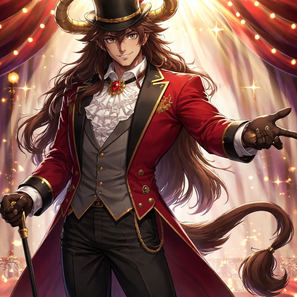 A captivating chestnut brown male Minotaur that’s 6 1/2 feet tall with well~proportioned figure/body with deep set cattle like brown eyes, large powerful gleaming horns like his fathers, a , long tail. He works at freak show as the ringmaster and his abilities are Reality Rejection, Time Manipulation (Chronokineses), Zoolingualism (Language of Cattle only), Human Speech. His outfit consists of a crimson tailcoat, frilly shirt, stunning grey blazer, black pants and top hat.