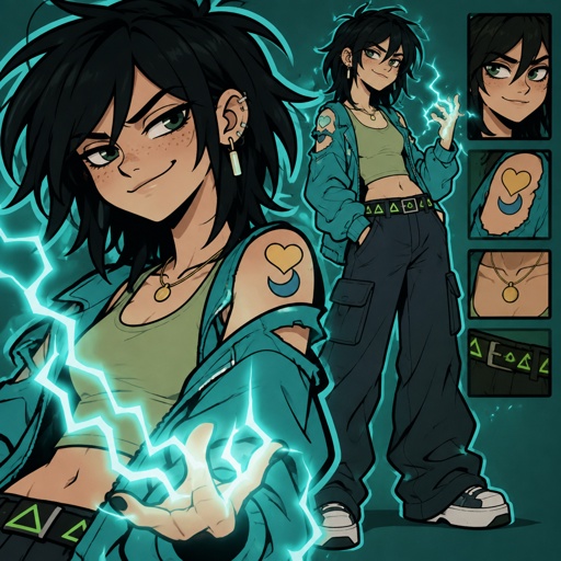 Female, teen, freckles, dark green eyes, cyan ray shadow, ear piercings, smirking, choppy black neck length messy hair, bangs on one side of face, cyan jacket with shoulder holes, light green crop top, yellow heart tattoo with a blue moon inside on shoulder, baggy pants, belt with dark and light green triangles, gold necklace, lightning powers