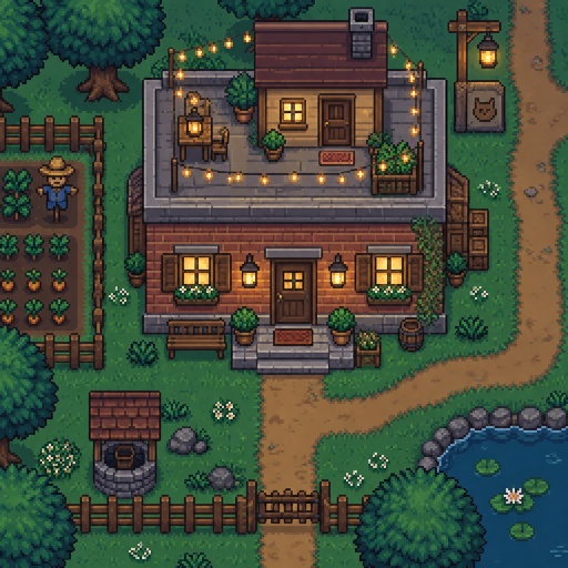 Cozy brick house with a flat roof and a smaller house on top, fairy lights, for a modern fantasy game, top down style