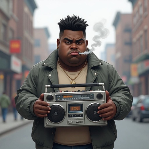 Create a kinda dark skin funny looking fat guy who isnt friendly from New York  has a boom box radio and is a stoner 