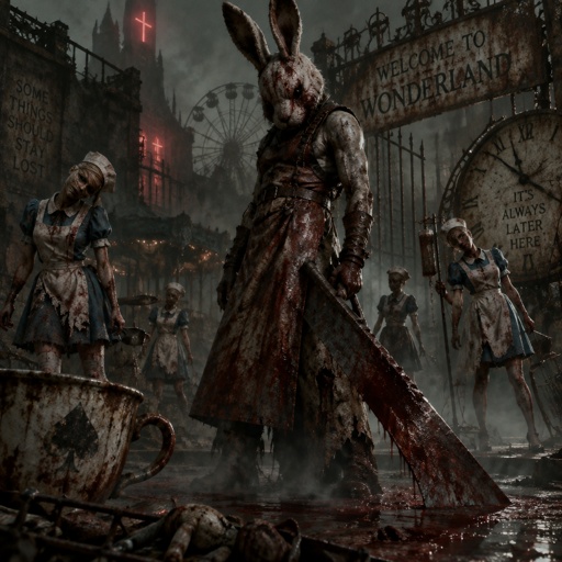 Silent Hill with pyramid head and the nurses with an Alice and wonderland spin