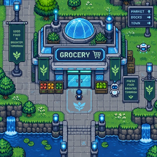 Grocery store for a futuristic fantasy city game, exterior, top down style