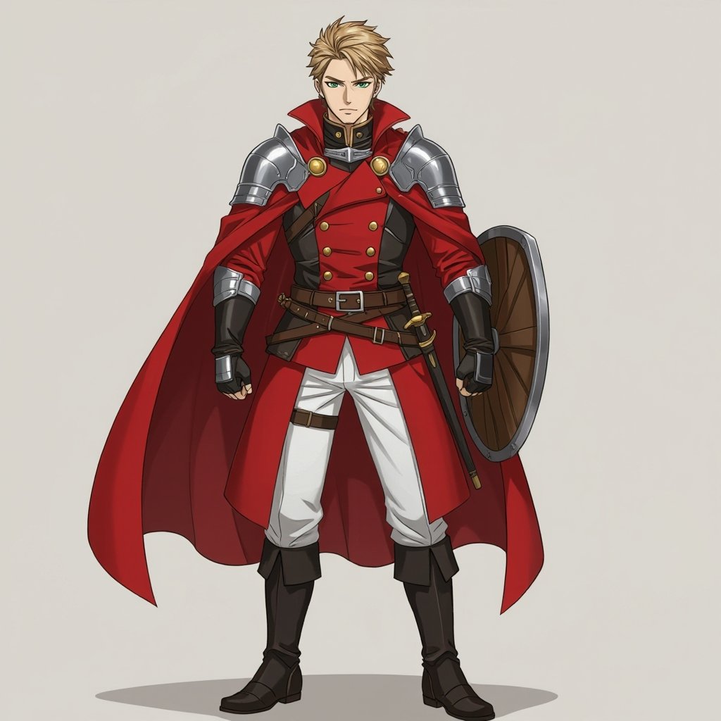 Man, leather armor under a red double-breasted great coat, gold buttons, no cape, no cloak, brown belt, white pants, black knee-high boots, shield is strapped to his back, sword sheathed at his hip, sandy colored hair, short hair, green eyes, clean shaven, black gloves, remove cloak